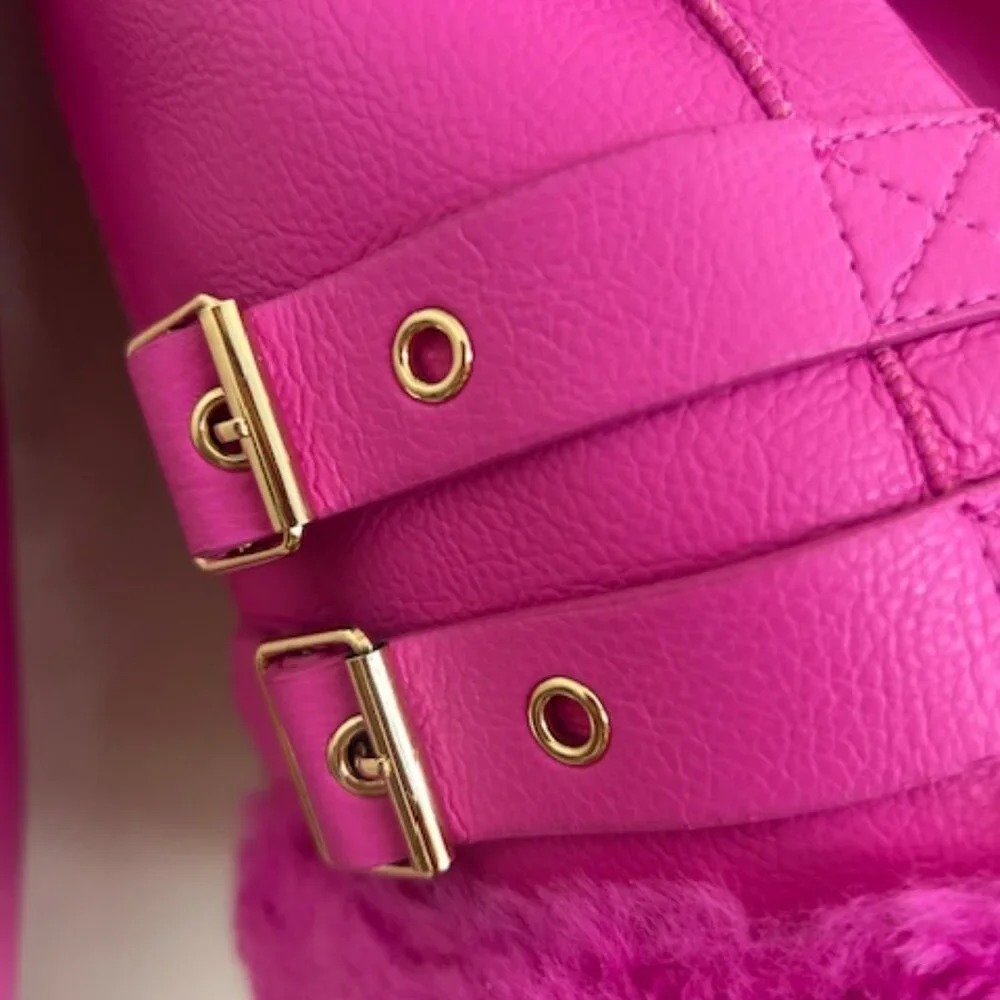 Generation Love Dion Hot Pink Faux Fur Shearling Zip Buckle Moto Jacket NWT XS - Picture 7 of 16